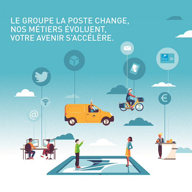 Illustration « Le Groupe La Poste change, nos métiers évoluent, votre avenir s'accélère »