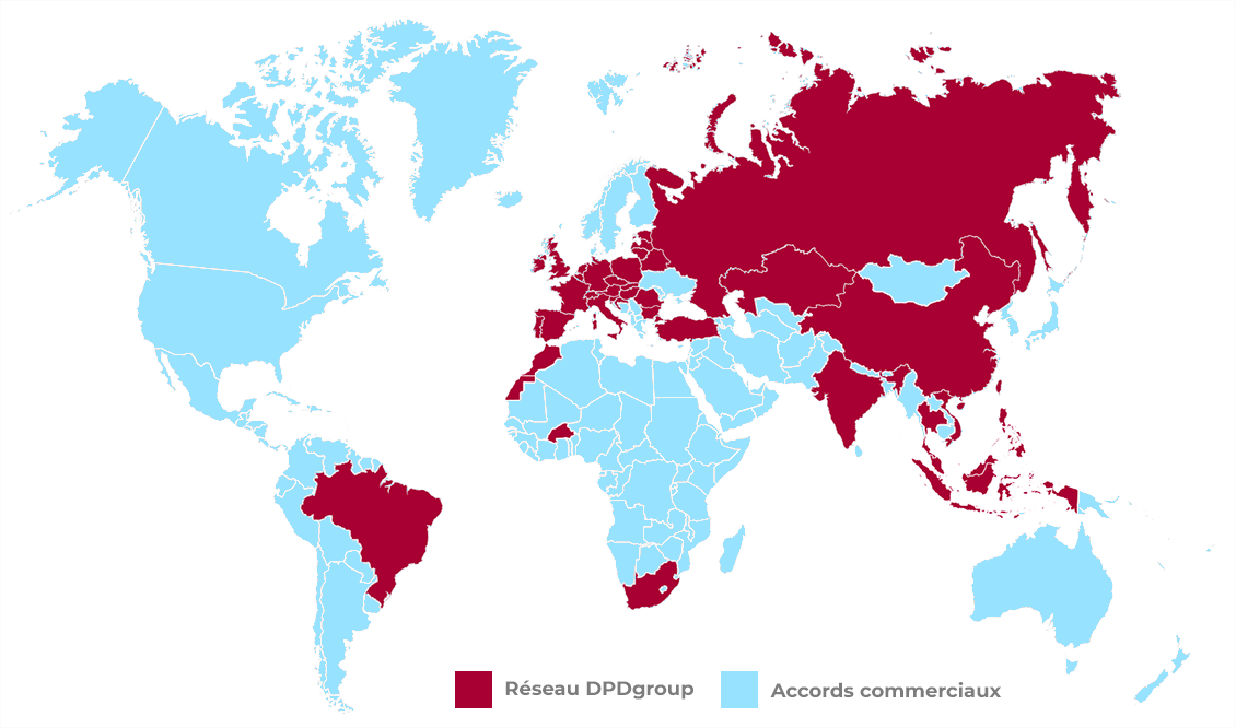 Carte du monde affichant la présence internationale de DPDgroup, la marque colis-express du Groupe La Poste, avec en rouge son réseau propre (Europe, Russie, Asie, Brésil) et en bleu ses accords commerciaux (le reste du monde).
