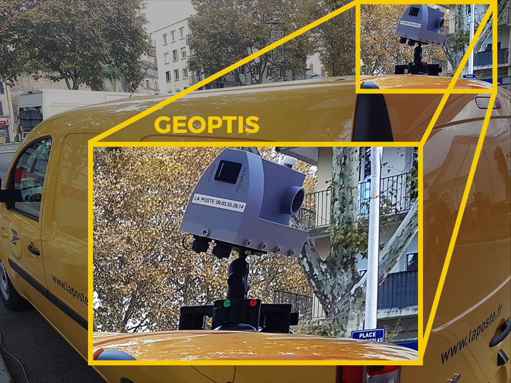 A postal vehicle presented at the SIIViM equipped with the camera collecting street-related information as part of the Geoptis service.