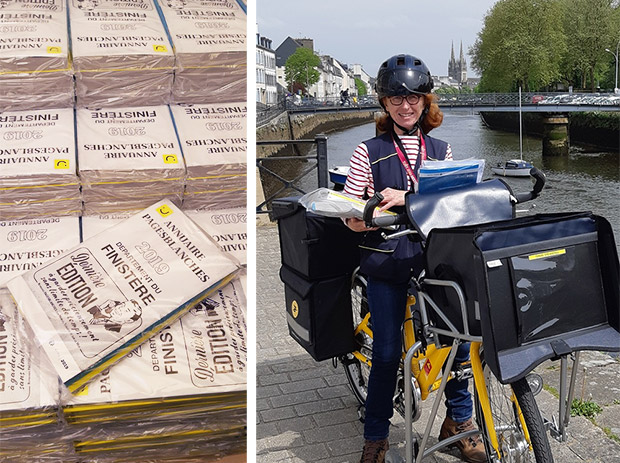 Photos de plusieurs piles des annuaires collectors distribués dans le Finistère, avec à droite, Frédérique Deniel, factrice à Quimper, des exemplaires à distribuer dans la main.