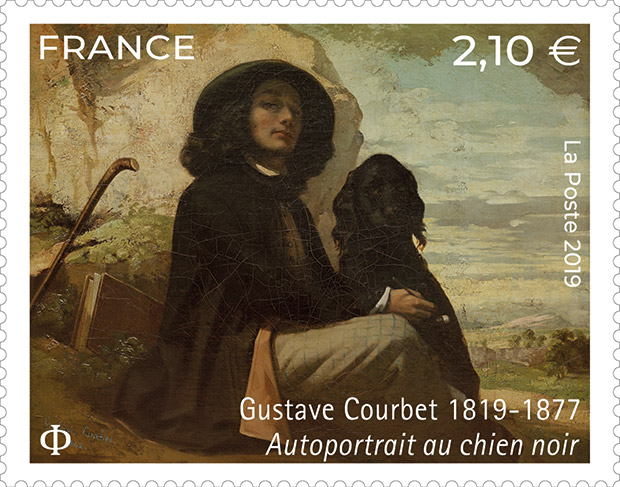 Timbre hommage à Gustave Courbet représentant l’une de ses œuvres, l’Autoportrait au chien noir.