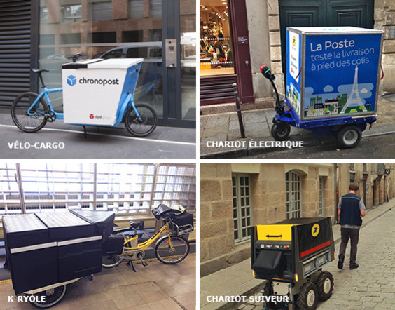 Photos de quatre véhicules susceptibles d’être utilisés par La Poste pour assurer des tournées sans rejets carbonés ni particules fines : vélo cargo, chariot électrique, K-Ryole et chariot suiveur.