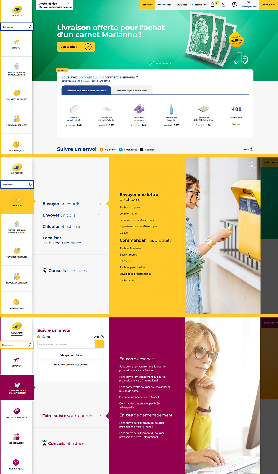 Une sélection d’écrans du site laposte.fr : l’utilisateur est invité à préciser son besoin à travers deux panneaux verticaux, pour une réponse en seulement trois clics.