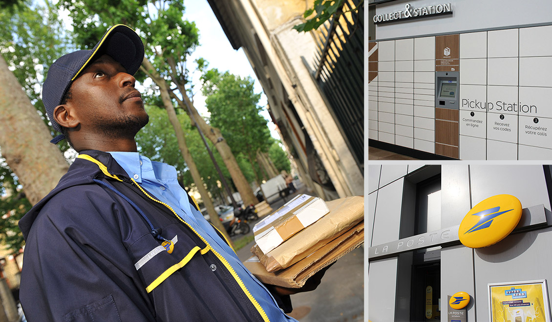 Photo avec un facteur livrant des colis, une consigne Pickup et la façade d'un bureau de poste.