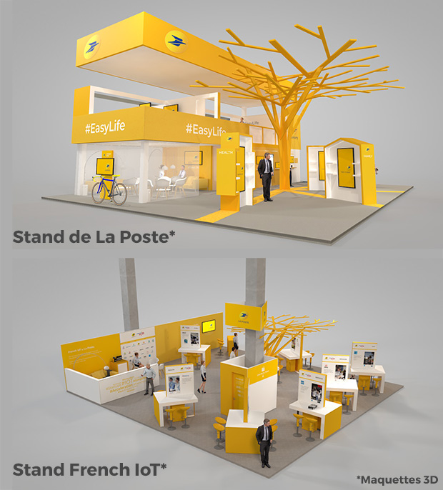 Maquettes 3D du stand de La Poste et du stand French IoT