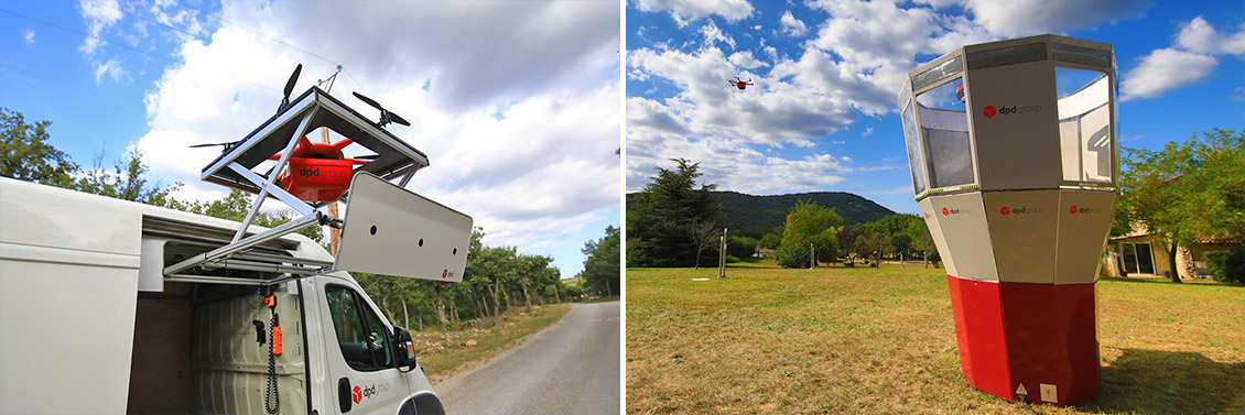 Deux photos, l'une d'un drone au départ, sur la plateforme rétractable d'un véhicule DPDgroup, l'autre à l'arrivée, à l'approche d'une station de réception.