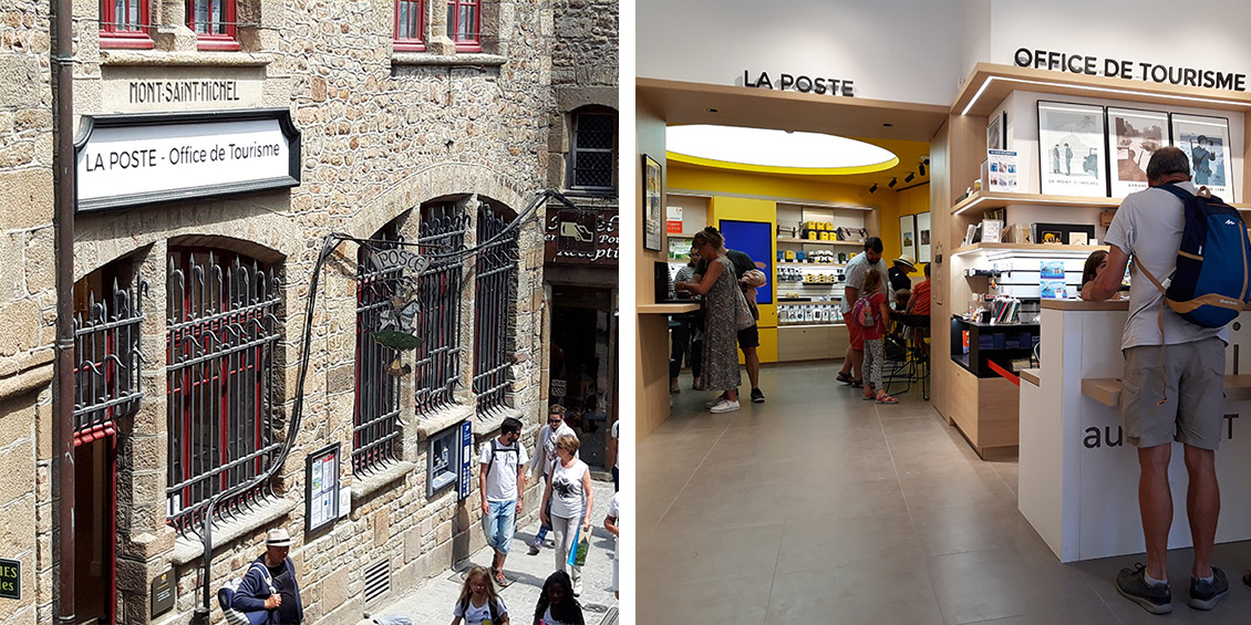 Photos du lieu qui réunit La Poste et l’Office du Tourisme du Mont-Saint-Michel, vu de l’extérieur et de l’intérieur.