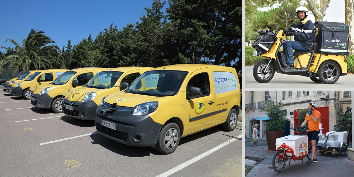 Photo avec des Kangoo ZE en charge, un trois-roues électrique Staby et un vélo cargo avec attelage de la société Urby.