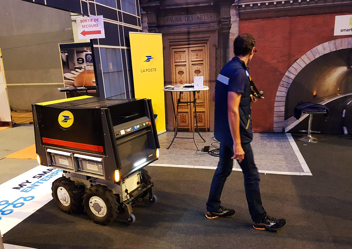 The now famous “robotic trolley”, designed to make postal deliveries easier in city centres, could be seen wondering around the show.