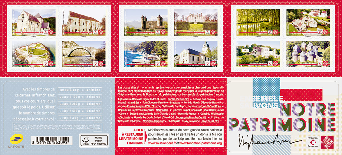 Le visuel recto-verso du carnet de timbres « Ensemble, sauvons notre patrimoine »