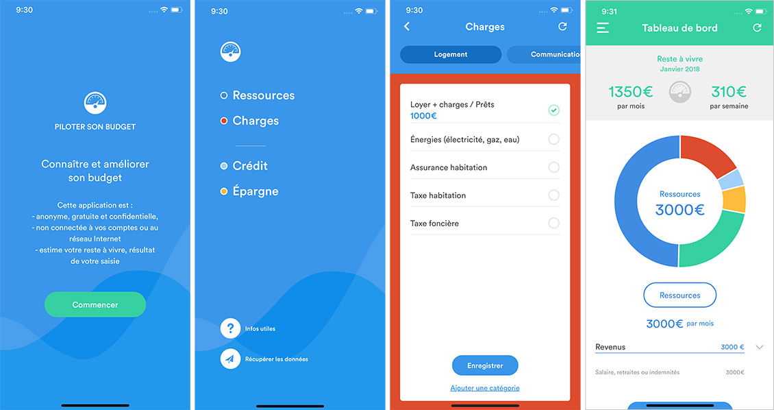 Quatre captures d'écran de l'application PiloteBudget