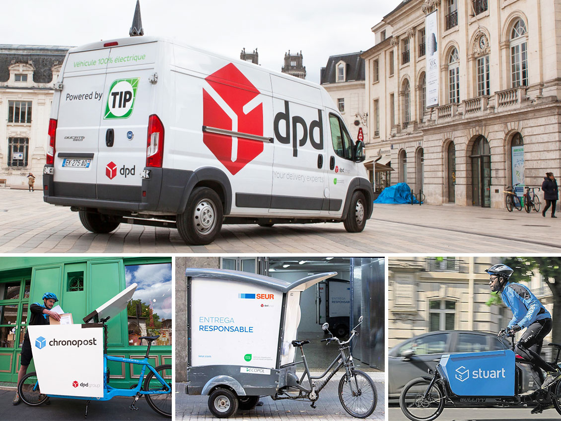 Quatre photos avec des véhicules électriques ou non motorisés de DPDgroup et de ses filiales : fourgonnette DPD, vélo-cargo Chronopost et Stuart, vélo-remorque SEUR.